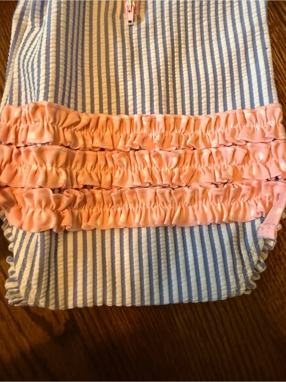 Ruffle Butts Blue and White Striped One-Piece with Pink Trim